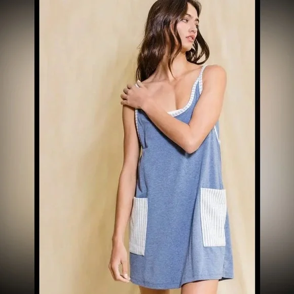 V-neck Mini Dress With Built In Romper Lining- Denim - Picture 6 of 9